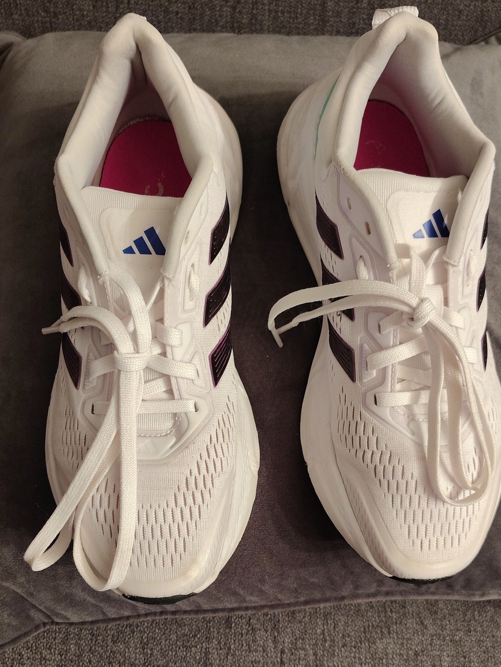 adidas White Athletic Shoes with Black Stripes and Pink Insoles